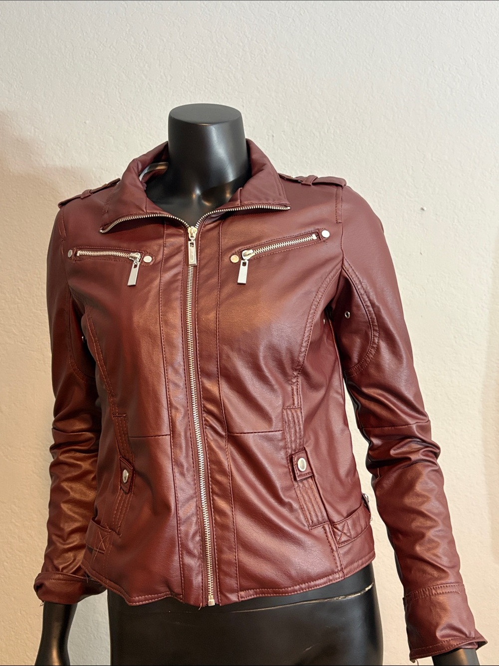 Jou Jou Wine Red Faux Leather Moto Jacket with Silver Zippers